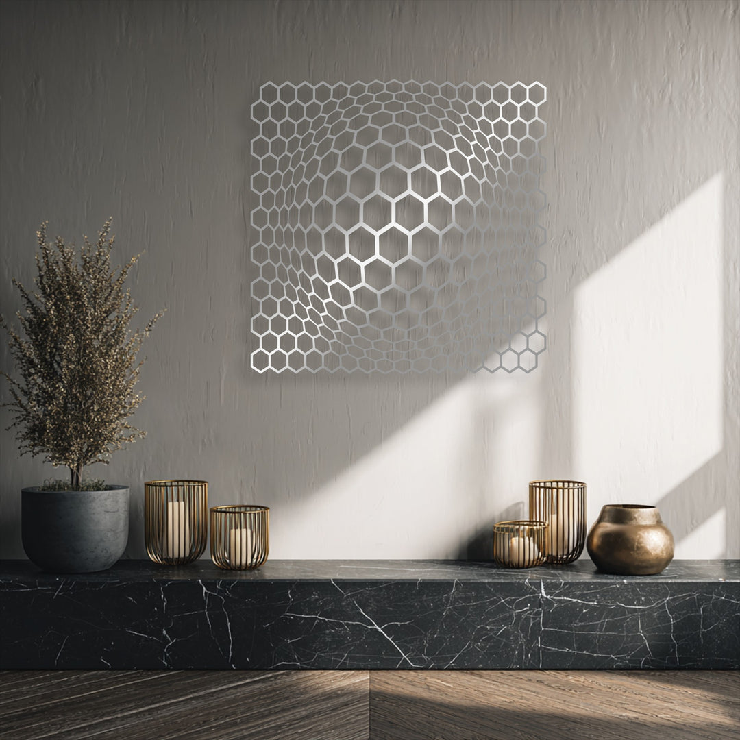 The serene stillness of this space is captured by the captivating Geometric Hexagon Depth Illusion metal artwork.