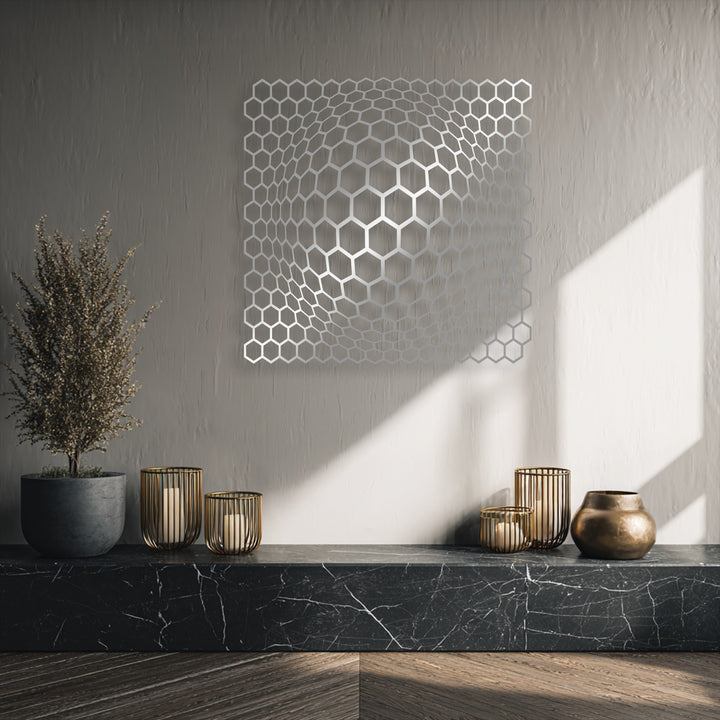 The serene stillness of this space is captured by the captivating Geometric Hexagon Depth Illusion metal artwork.