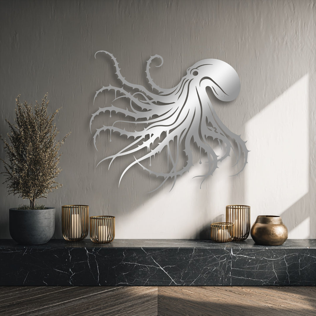 Intricate, stylized octopus metal wall decor with flowing, spiky tentacles creating a gothic ocean aesthetic.
