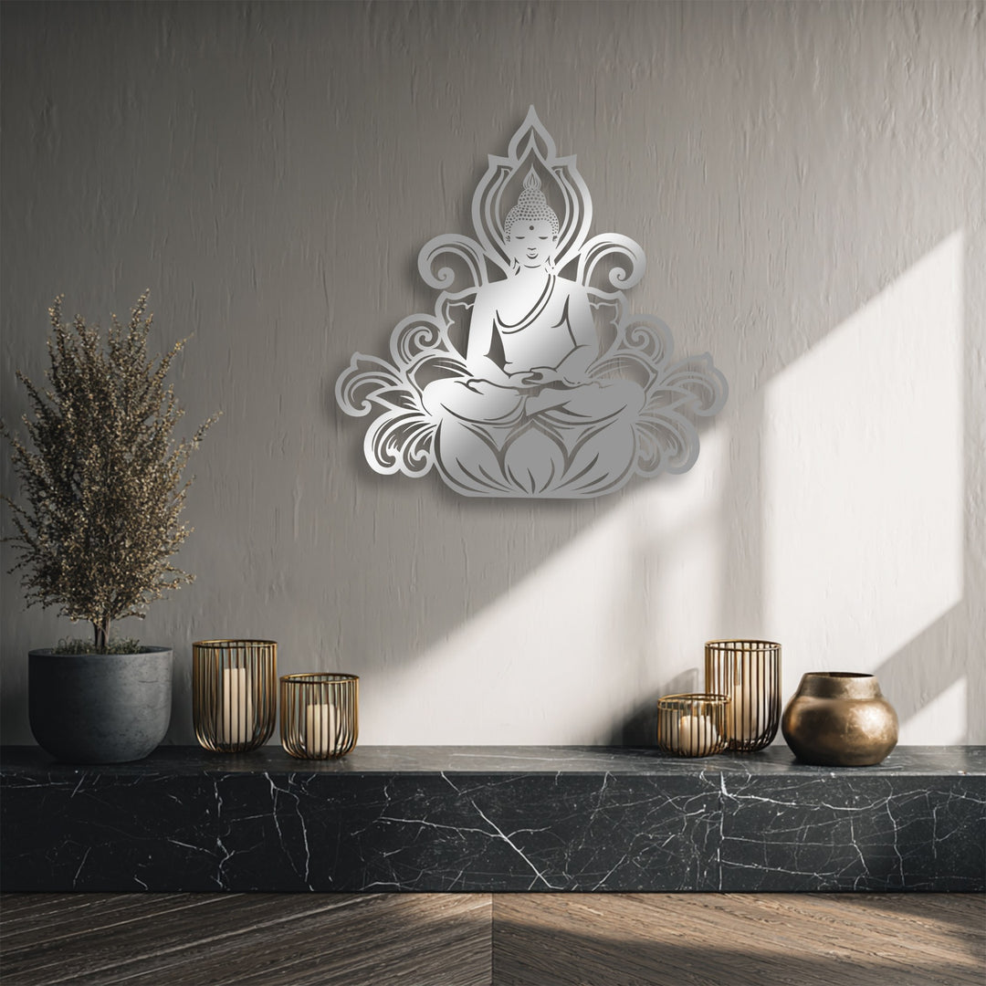 The rhythmic curves of the serene Buddha lotus silhouette, a unique metal wall art piece, reflect light on the textured wall.