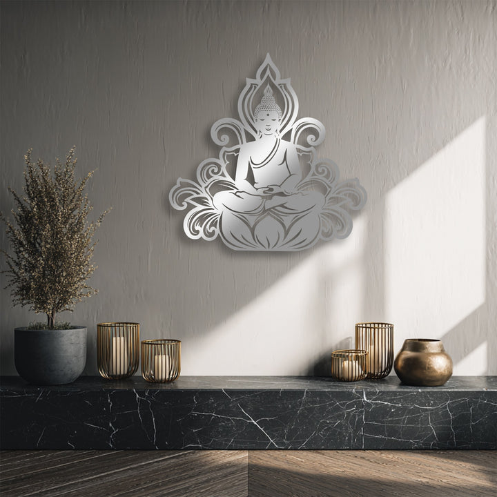 The rhythmic curves of the serene Buddha lotus silhouette, a unique metal wall art piece, reflect light on the textured wall.