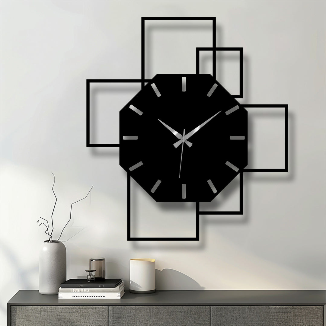 Horizontally oriented octagonal geometric metal wall clock showcases a modern square frame design creating an eye-catching piece of metal artwork.