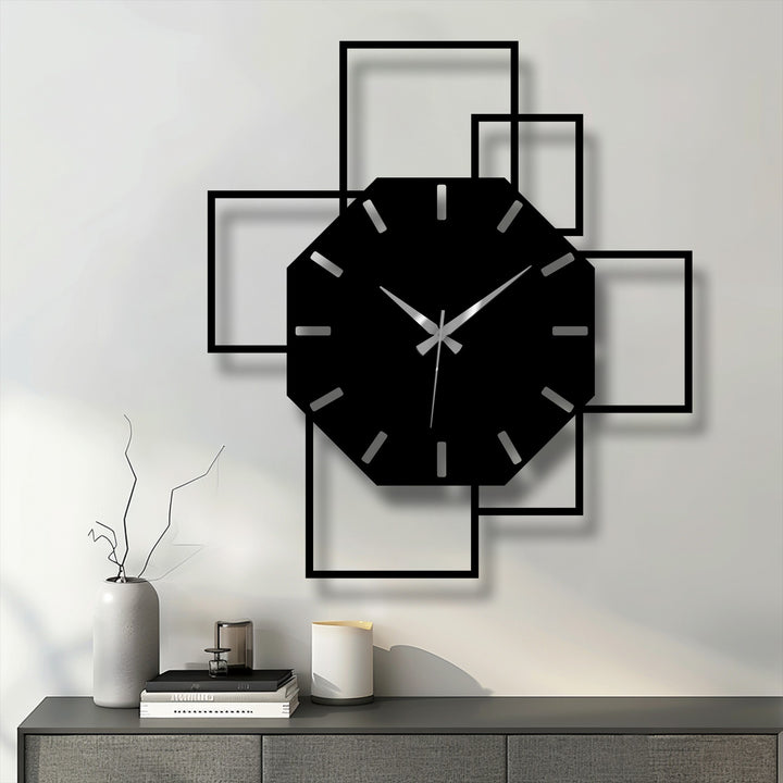 Horizontally oriented octagonal geometric metal wall clock showcases a modern square frame design creating an eye-catching piece of metal artwork.