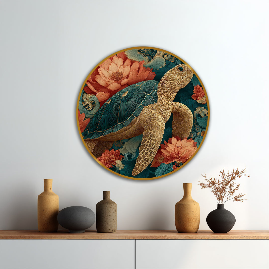 Horizontal round modern oil painting art features a golden sea turtle surrounded by coral flowers on wood.
