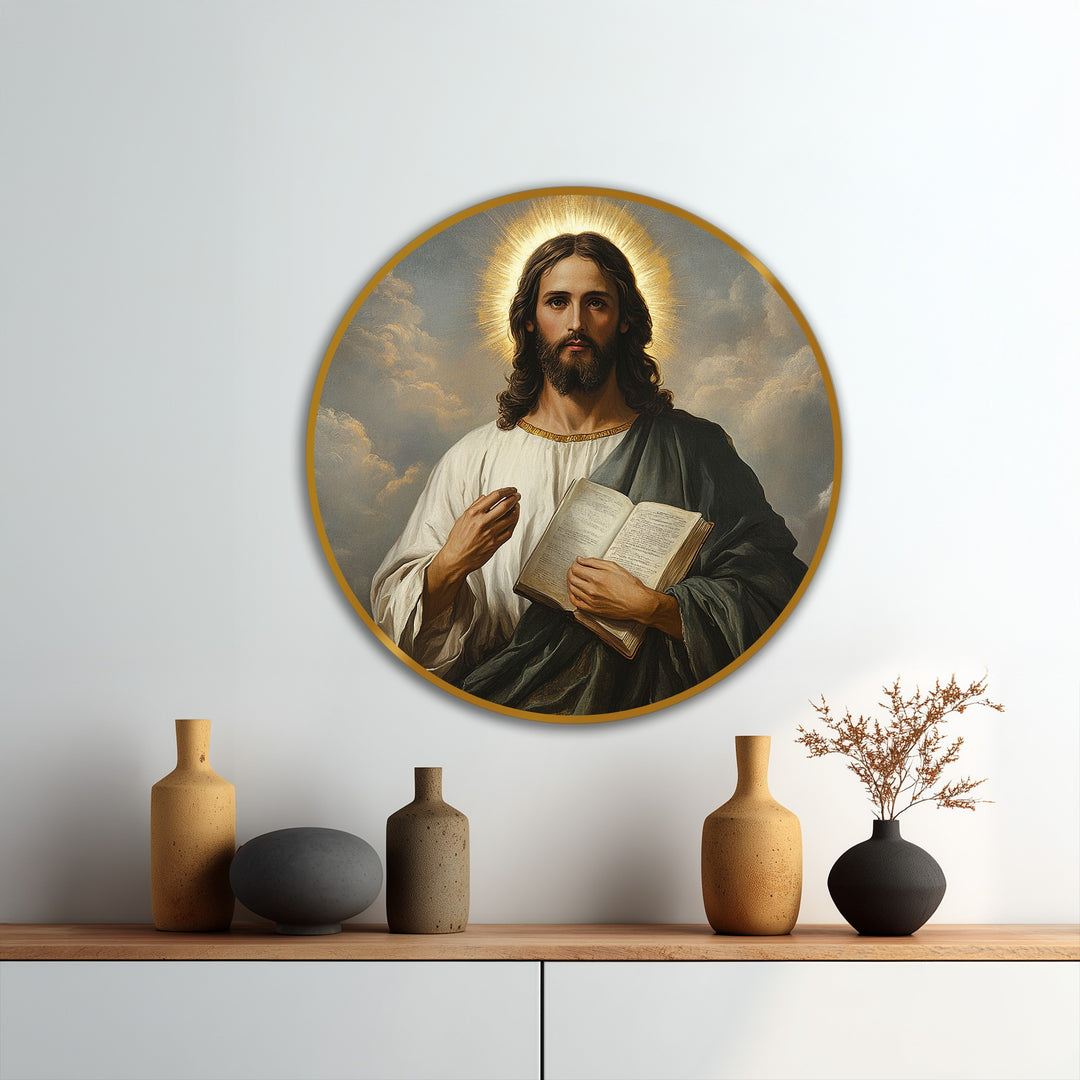 Featuring a golden frame around this modern oil painting art, the border enhances the radiant halo of Jesus in this divine wisdom portrait.