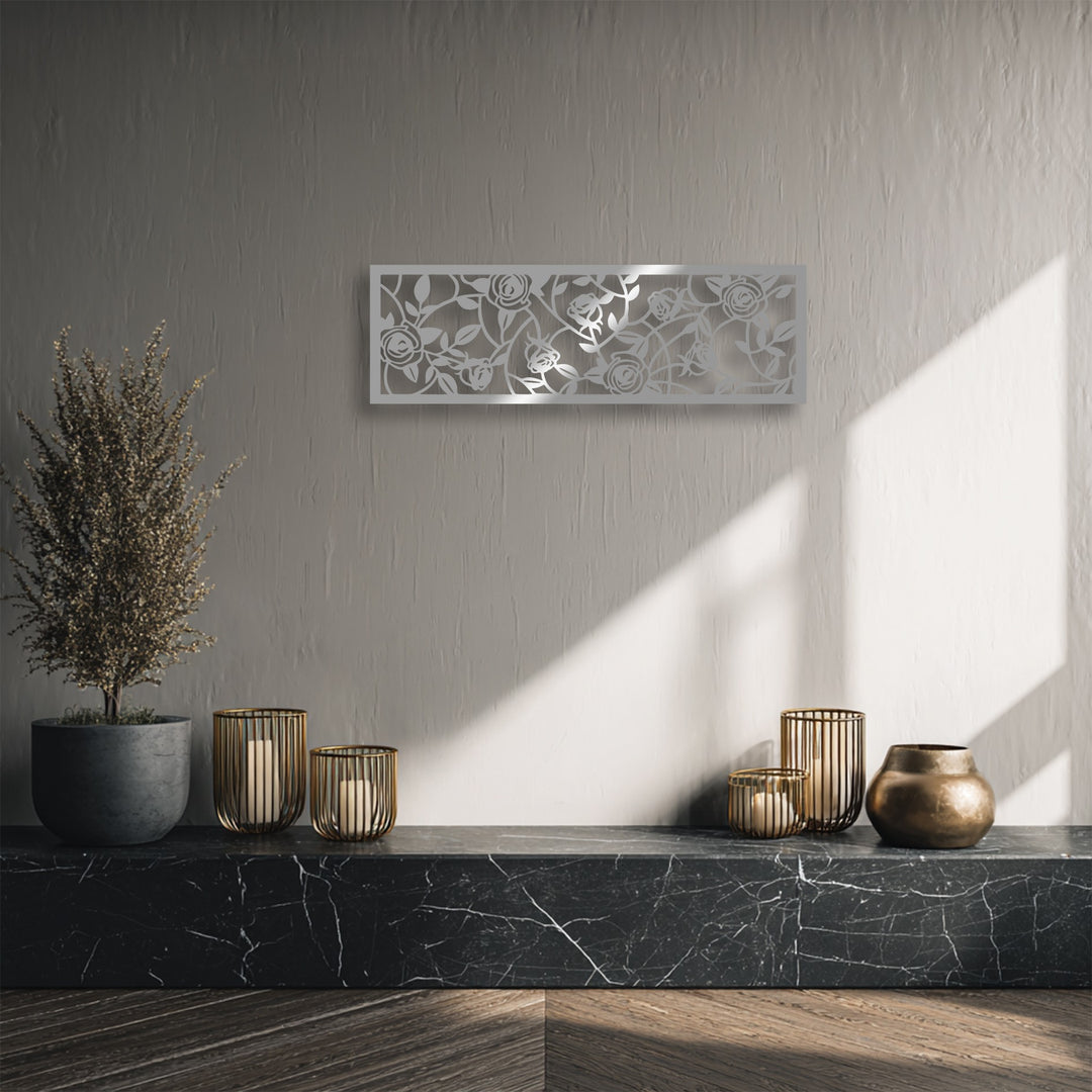 The high-quality metal artwork showcases an elegant rose garden floral vine panel, expertly crafted with precise detailing.