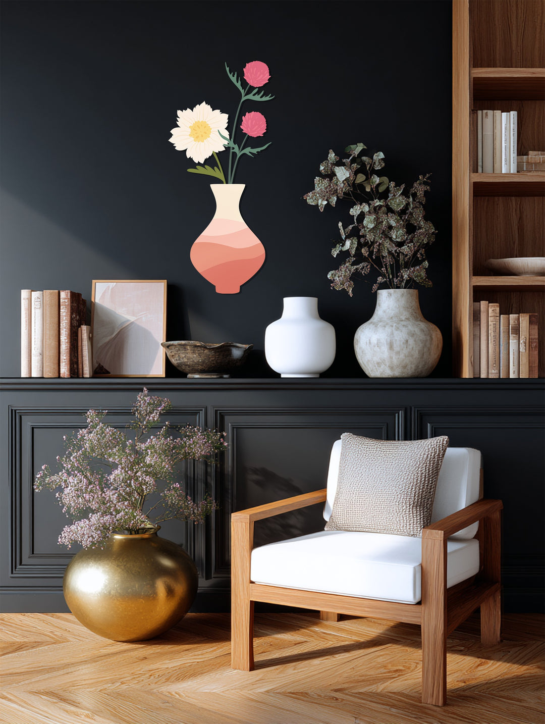 Warm gold tones are reflected in the vase and floor, contrasting with the cool black wall and the decorative metal art for wall featuring soft blooms.