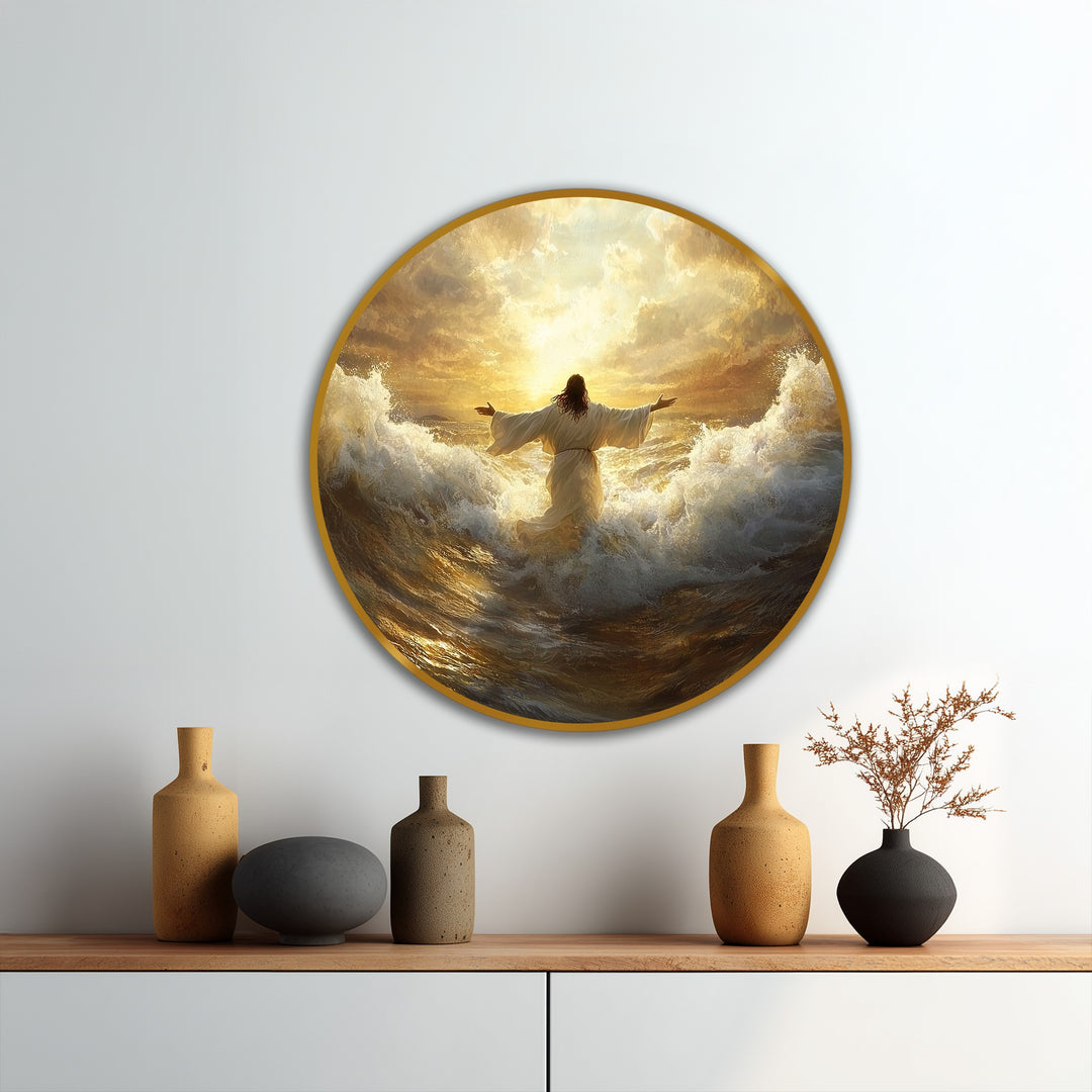 Reflecting a serene mood, the radiant faith golden sunrise over the sea oil painting presents a captivating oil painting reproduction print with golden light and crashing waves.