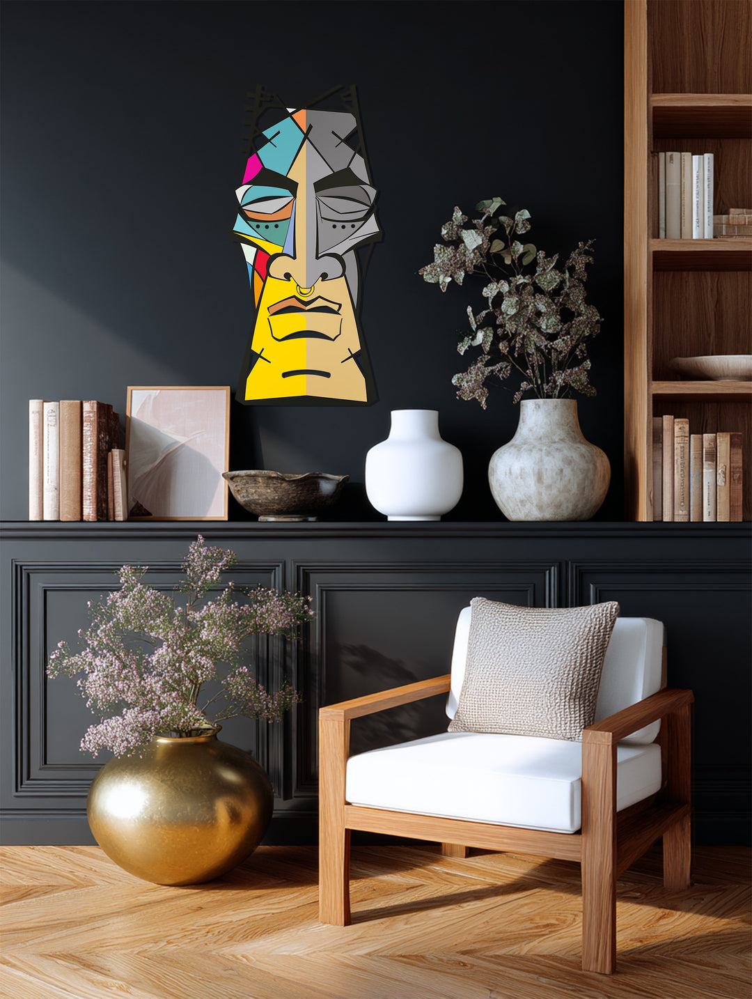 Abstract Tribal Face Metal Wall Art – Colorful Modern Geometric Decor