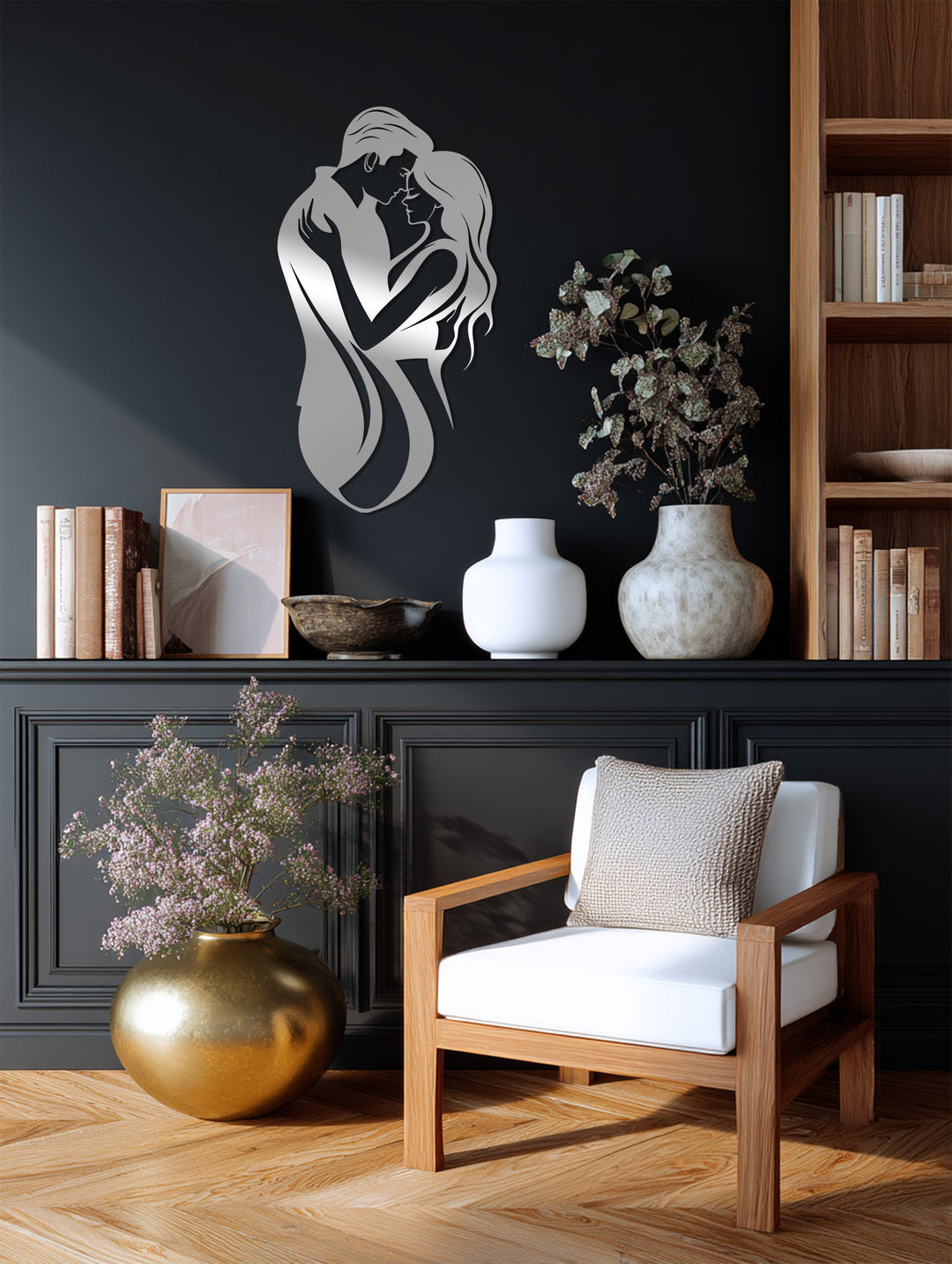 عناق أبدي – صورة ظلية لزوجين رومانسيين فن جداري معدني