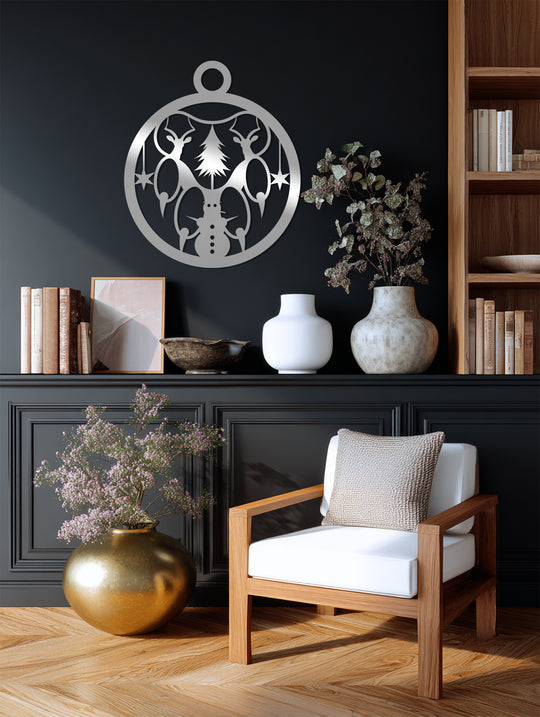 High color contrast emphasizes the Winter Harmony reindeer and snowman Christmas metal wall art as unique metal wall decor against the dark wall.