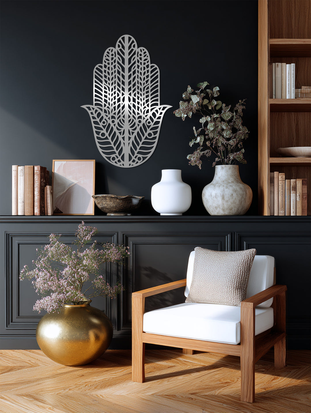 Hamsa Hand Metal Wall Art – Black Geometric Wall Sculpture