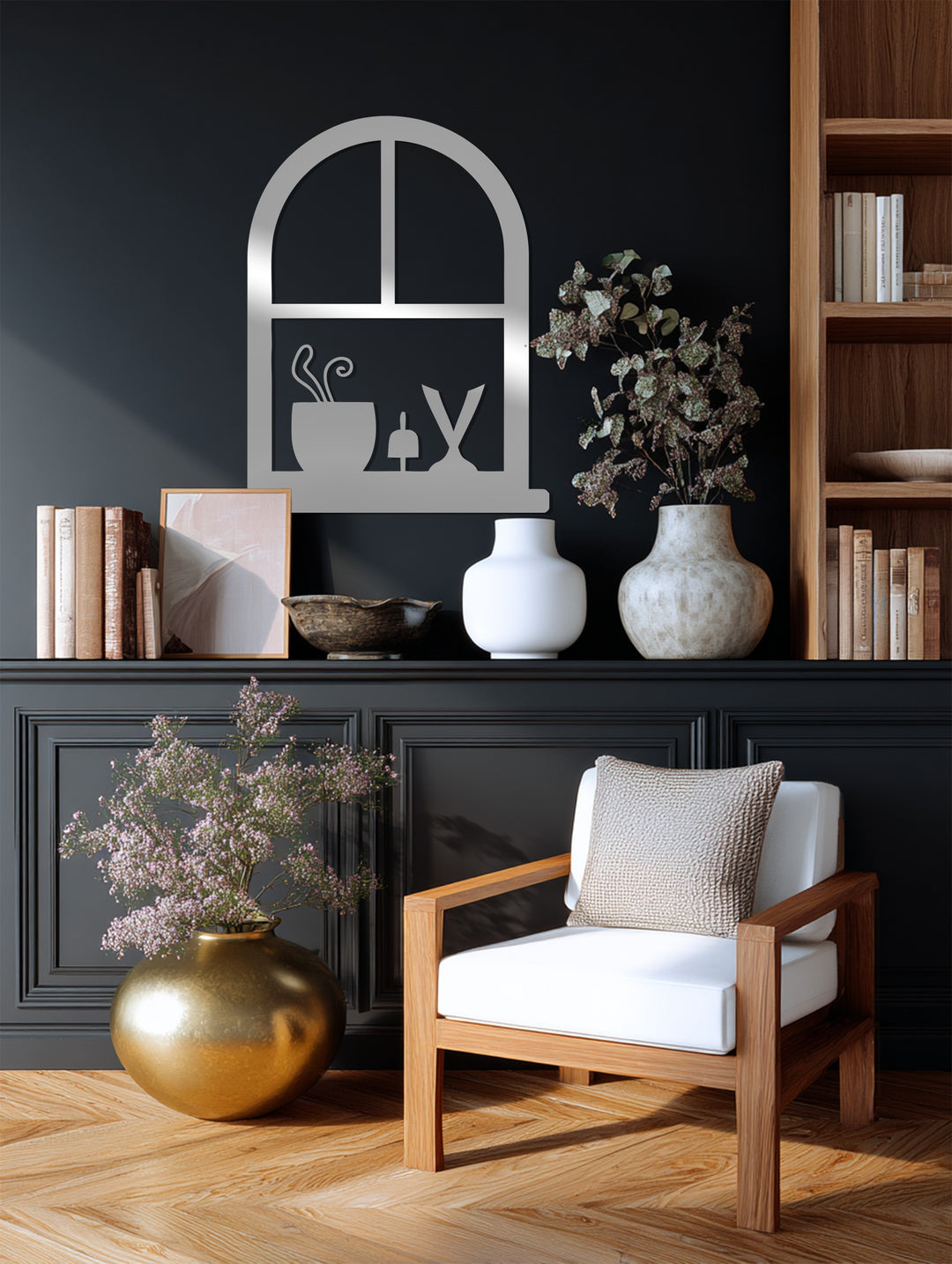 Arched Window Frame with Potted Plant – Minimalist Metal Wall Art Decor