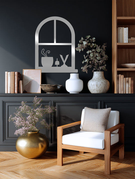 Smooth, reflective surface texture defines this unique metal wall art depicting an arched window frame, enhancing its minimalist design with subtle visual depth.