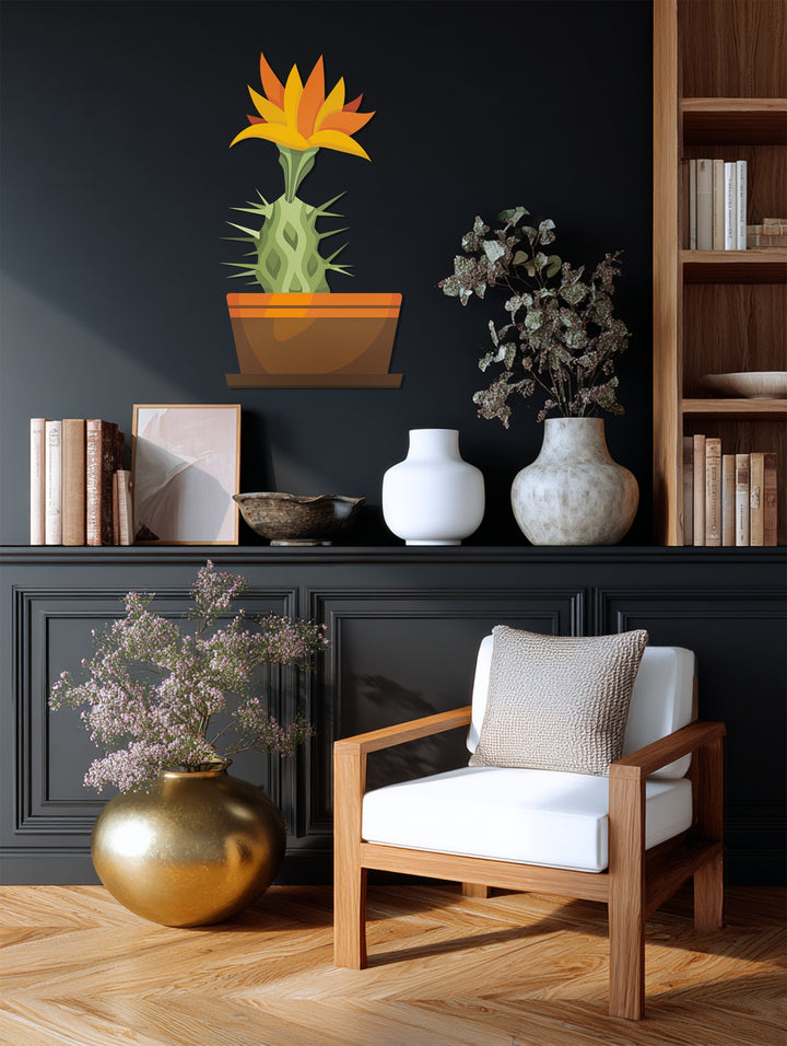 The stillness of the room is accentuated by the vibrant sunrise cactus bloom, a striking metal artwork, contrasting with the quiet textures and muted tones.