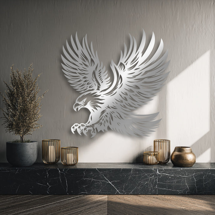 Oriented with a dynamic, soaring form, this intricate metal artwork depicts a majestic eagle with beautifully outstretched wings.