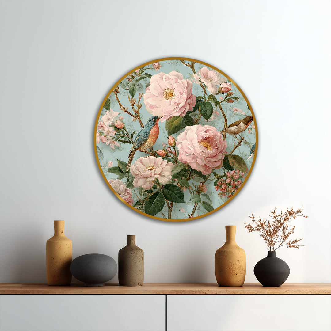 Blossoming Garden with Songbirds Round Oil Painting