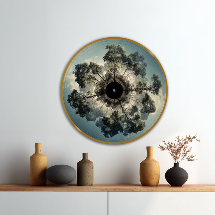 Rich color saturation enhances the immersive depth and skyward tree symmetry of this round Celestial Canopy modern oil painting art, showing a unique radial forest perspective.