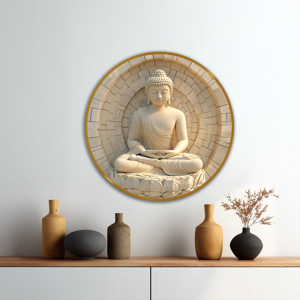 Quality oil painting reproduction print showcases a round ivory stone Buddha in meditation, highlighting the detailed stonework and serene spiritual art.