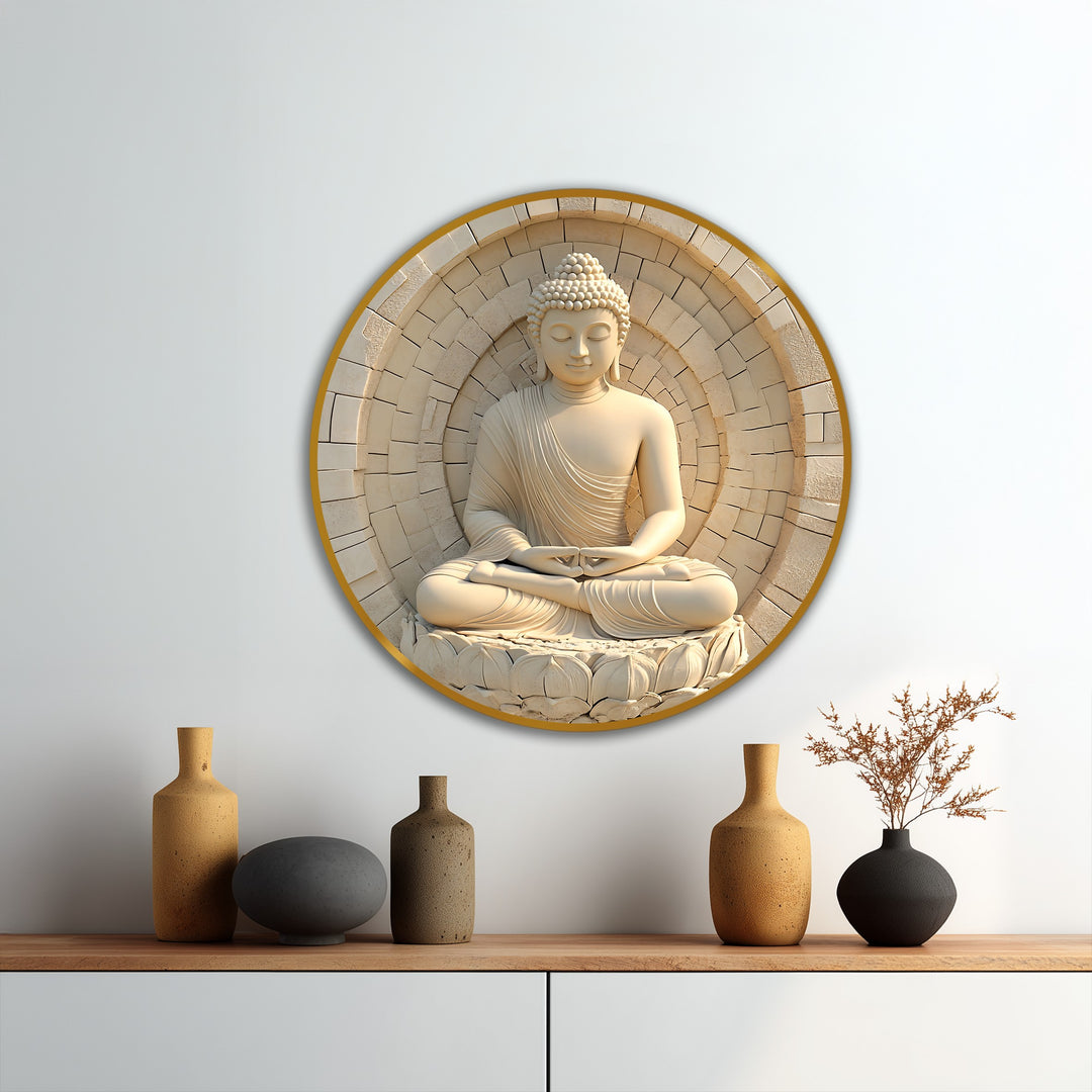 Quality oil painting reproduction print showcases a round ivory stone Buddha in meditation, highlighting the detailed stonework and serene spiritual art.
