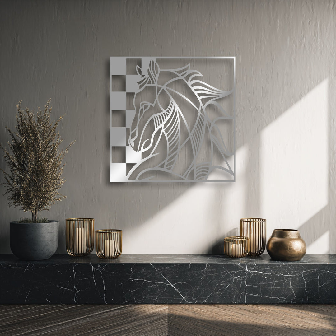 The balanced color temperature features warm golden glows and cool white highlights on the abstract lines of the horse metal artwork.