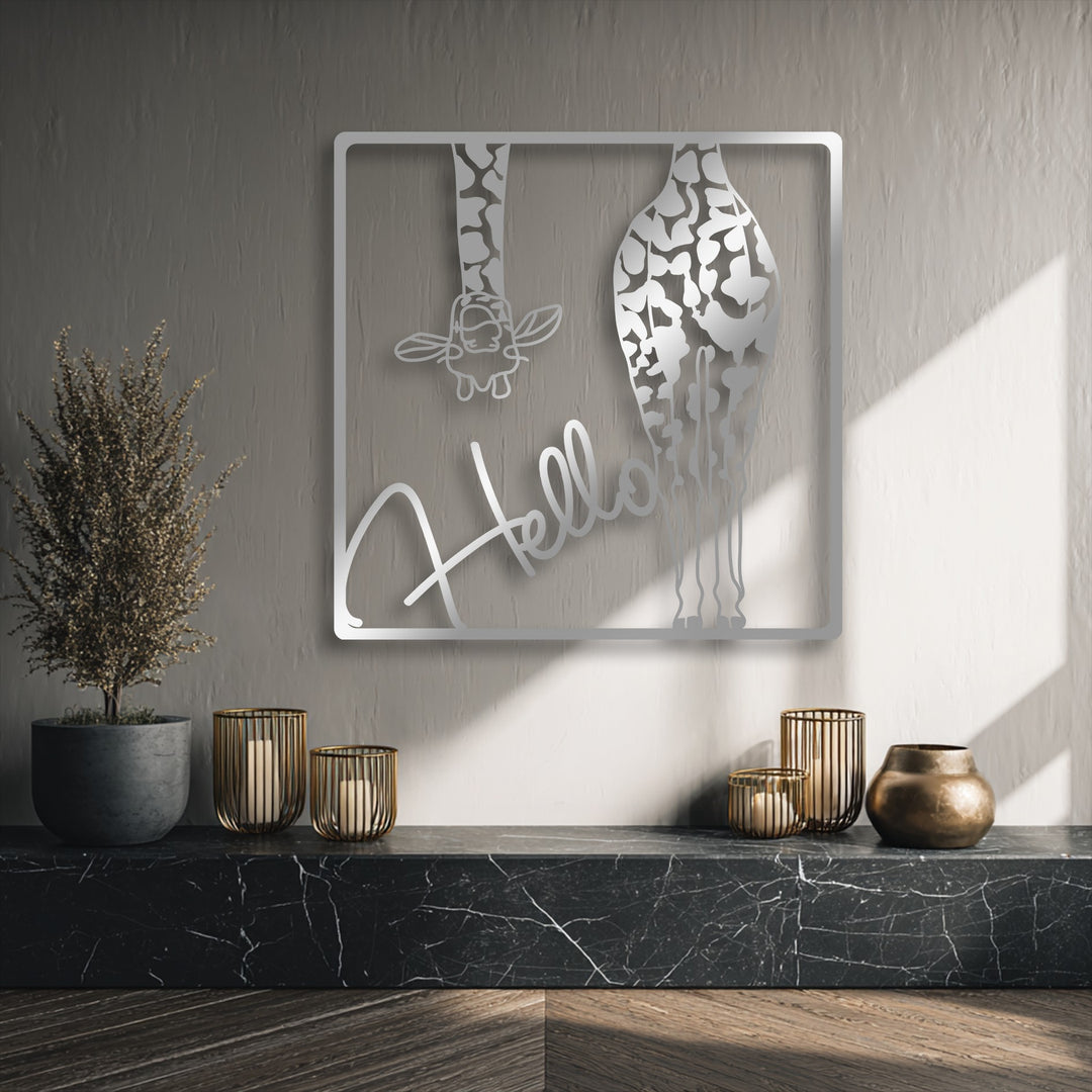 Sunlight beautifully illuminates the Hello Giraffe metal wall decor, casting intricate shadows that highlight its playful safari design.