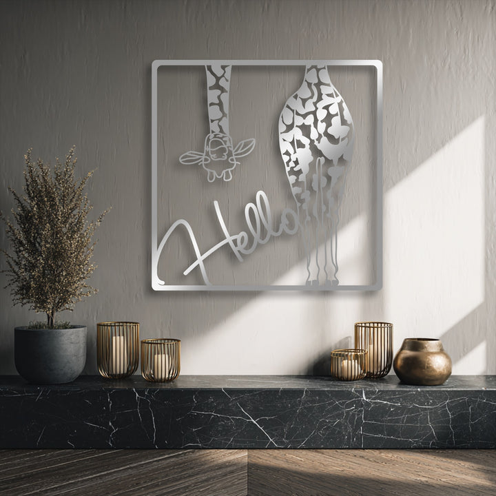Sunlight beautifully illuminates the Hello Giraffe metal wall decor, casting intricate shadows that highlight its playful safari design.