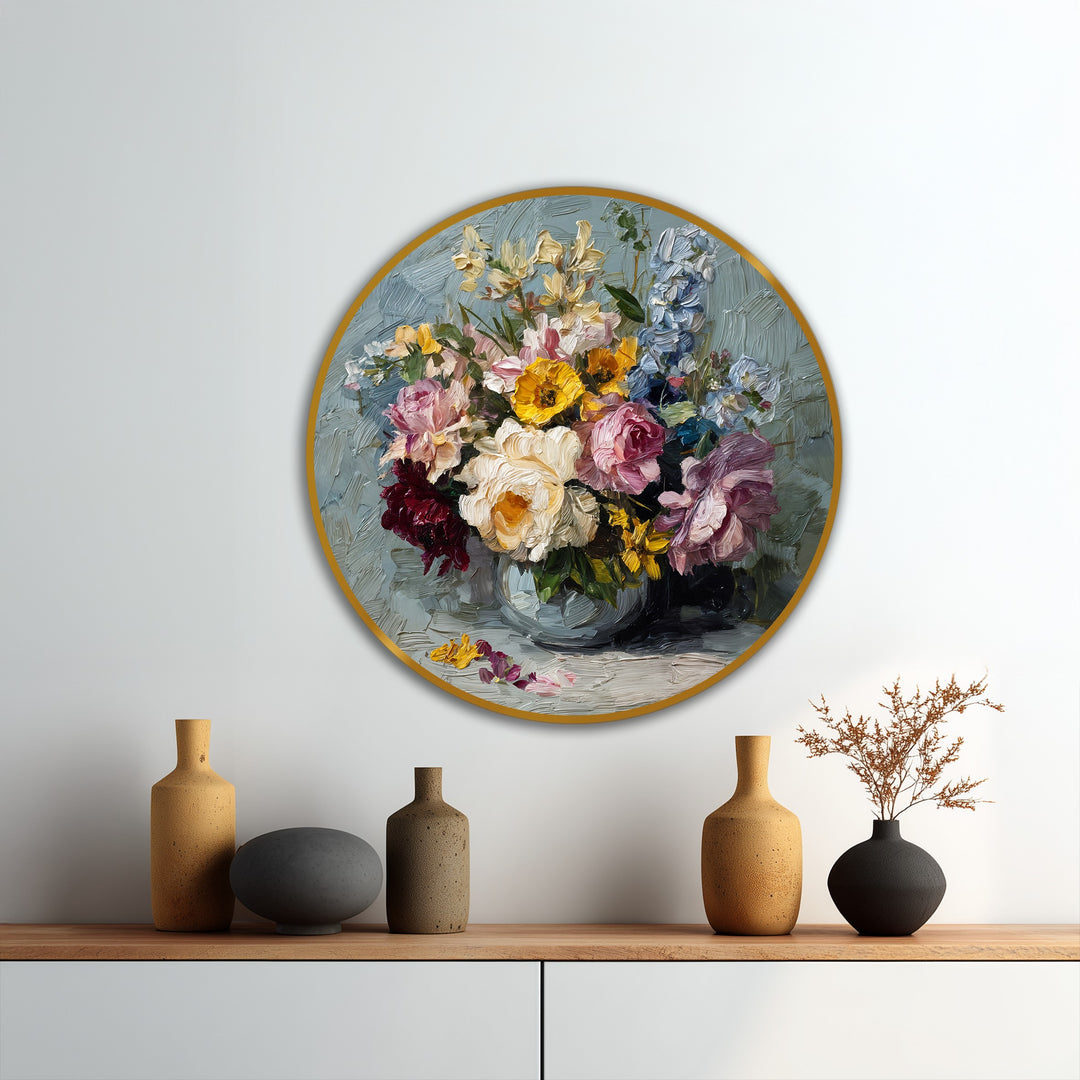 Expressive surface texture highlights the heavy brushstrokes and impasto technique in this radiant garden bouquet oil painting wall art depicting a vibrant floral arrangement.