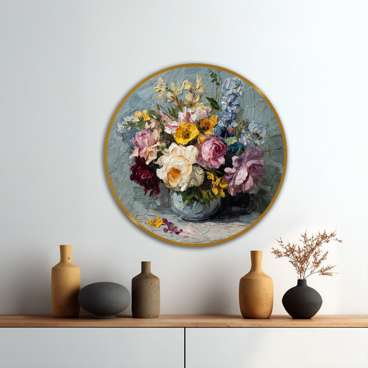 Expressive surface texture highlights the heavy brushstrokes and impasto technique in this radiant garden bouquet oil painting wall art depicting a vibrant floral arrangement.
