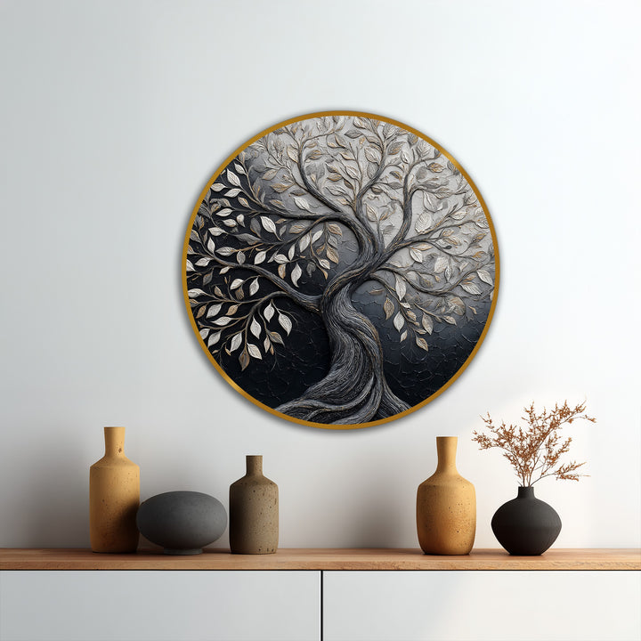 The stillness captured in this round oil painting reproduction print of an eternal contrast tree of life evokes a tranquil elegance.