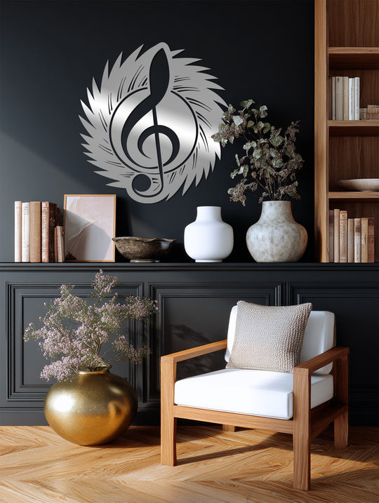 High color contrast showcases a silver treble clef wing metal artwork against the dark wall, emphasizing the music-inspired design.
