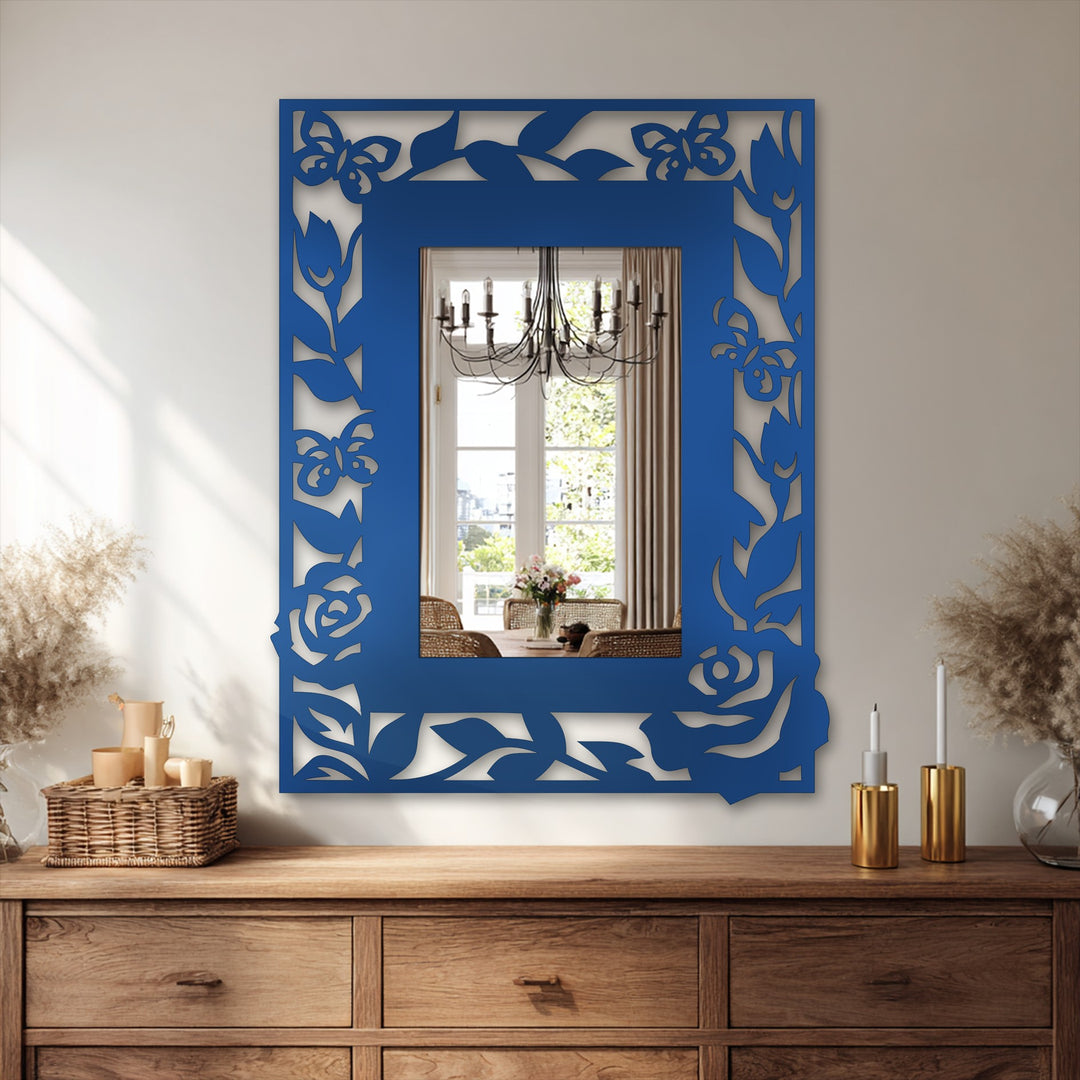 Royal blue defines this floral butterfly frame decorative mirror, bringing an elegant nature-inspired touch to any wall.