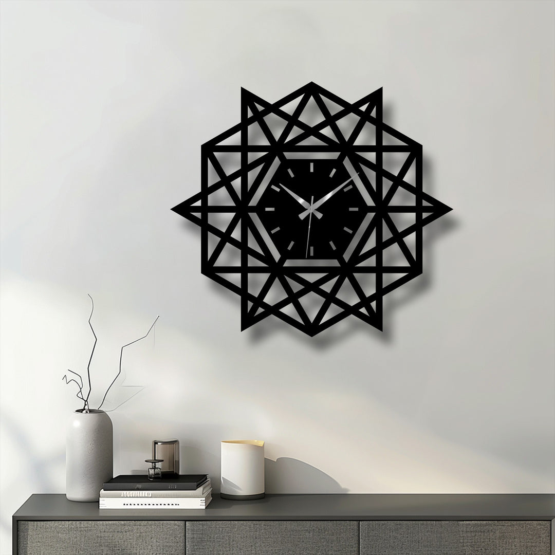 Soft shadow highlights the geometric star metal wall clock's modern abstract design, complementing the decorative metal art and contemporary home decor.