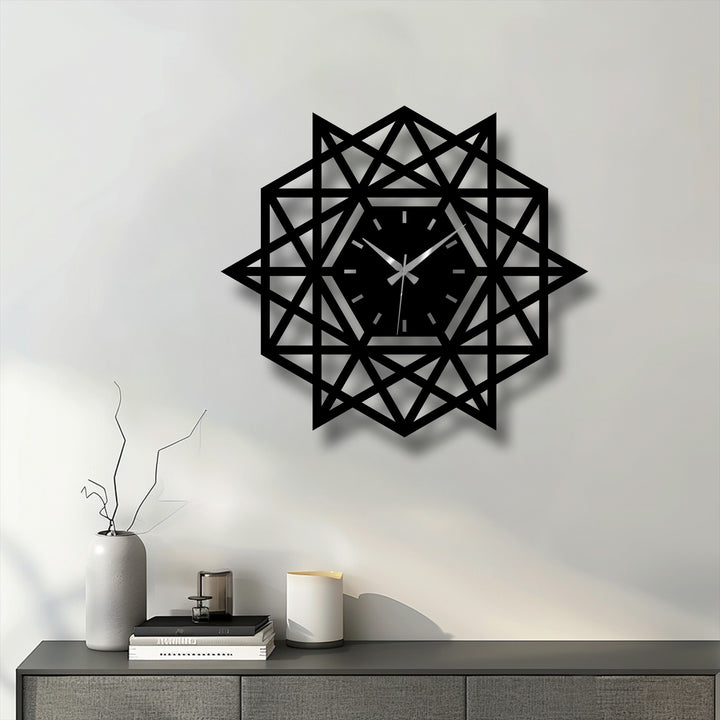 Soft shadow highlights the geometric star metal wall clock's modern abstract design, complementing the decorative metal art and contemporary home decor.