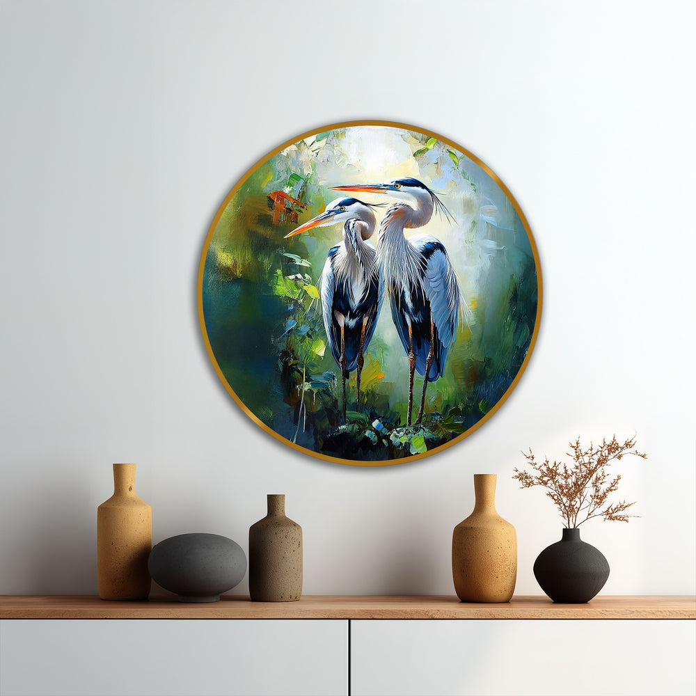 Foregrounded by the soft-focus background of this elegant heron pair, the round oil painting art prints evoke a tranquil wildlife scene.