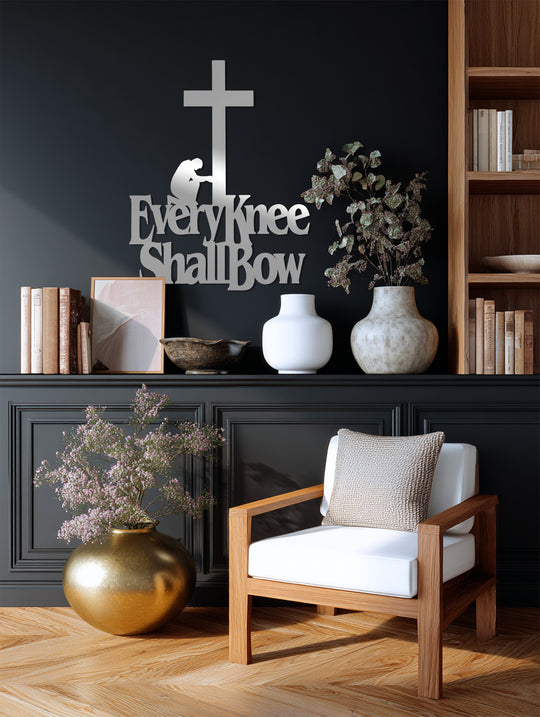 A silhouetted figure kneels before a cross, with layered text 'Every Knee Shall Bow,' a striking decoration wall art piece.