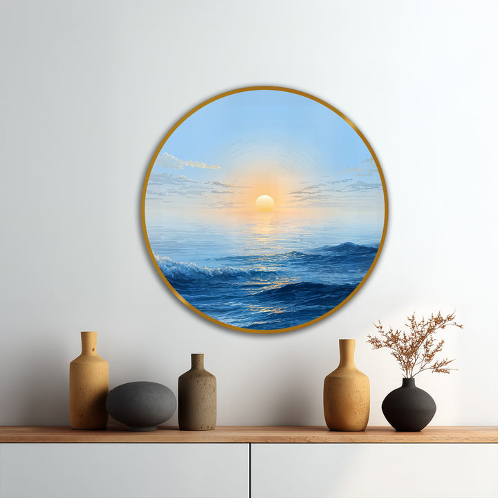Warm color temperatures dominate this round oil painting home decor depicting a golden horizon sunrise over the ocean waves, creating a serene seascape.