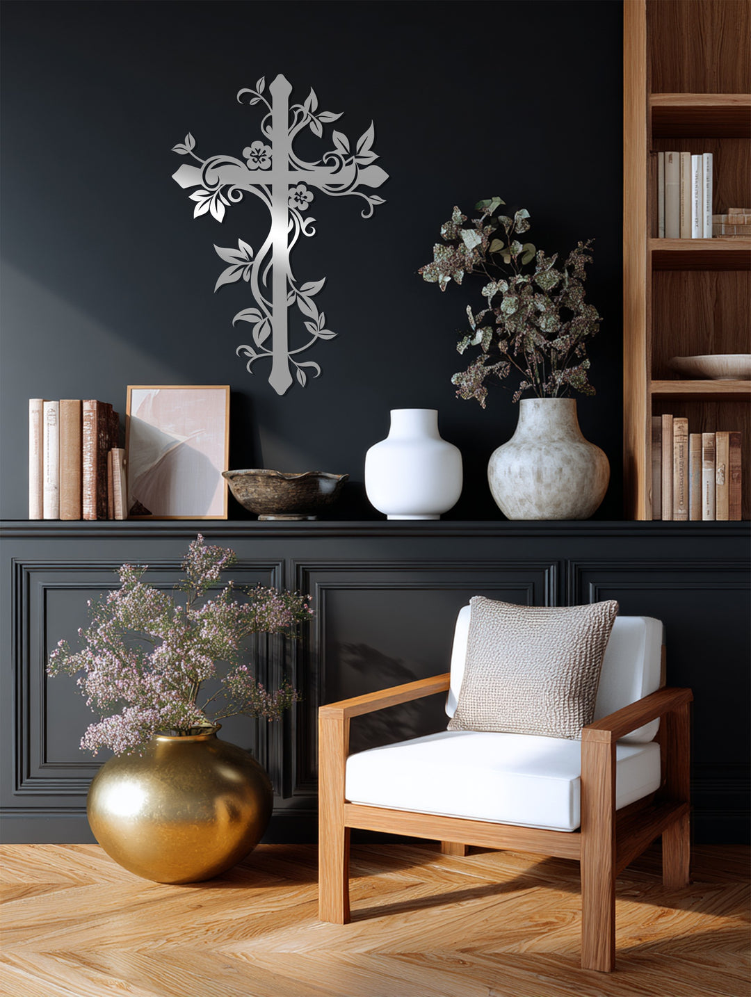 Floral Grace Cross – Elegant Christian Metal Wall Art for Home Décor
