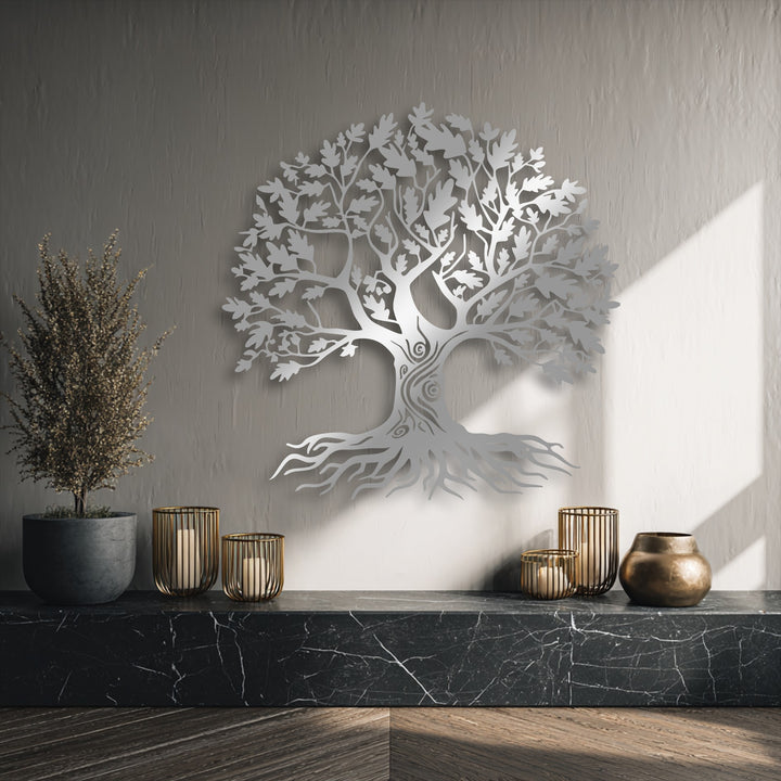 The visual rhythm of this metal art for wall captivates, featuring the Tree of Life with intricate, flowing branches and deeply intertwined roots.