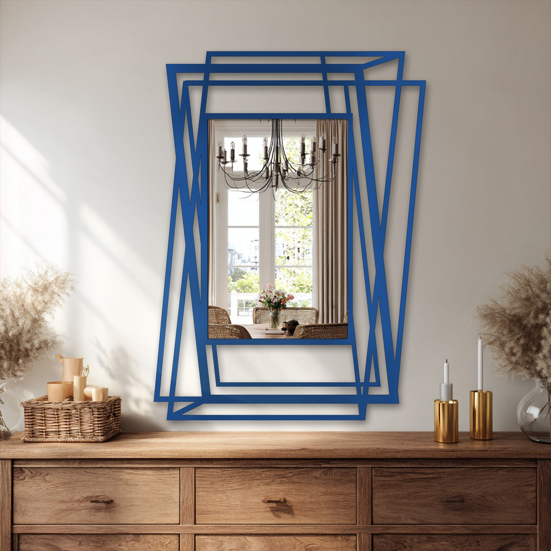 Suggesting dynamic motion, the multi-layer abstract geometric frame and overlapping metal lines of this floor decorative mirror create a vibrant sense of movement.