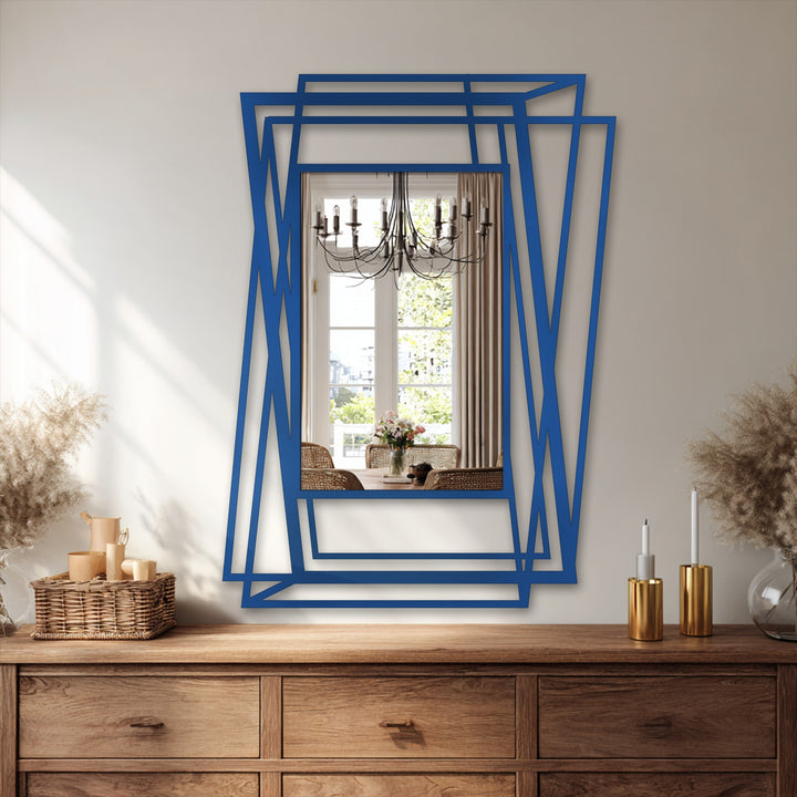 Suggesting dynamic motion, the multi-layer abstract geometric frame and overlapping metal lines of this floor decorative mirror create a vibrant sense of movement.