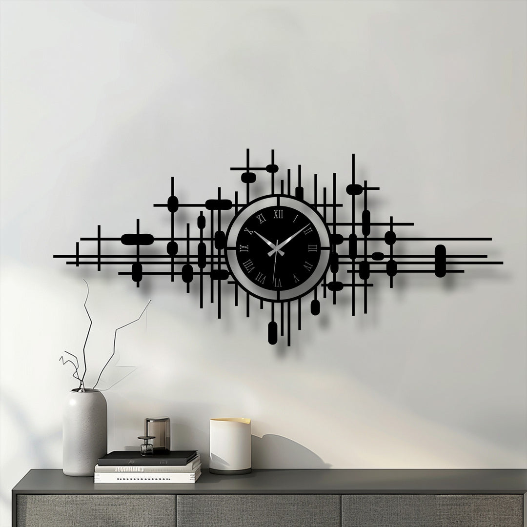 Subtle shadows play across the modern abstract grid metal wall clock, enhancing its geometric design and creating a captivating metal art for wall display.