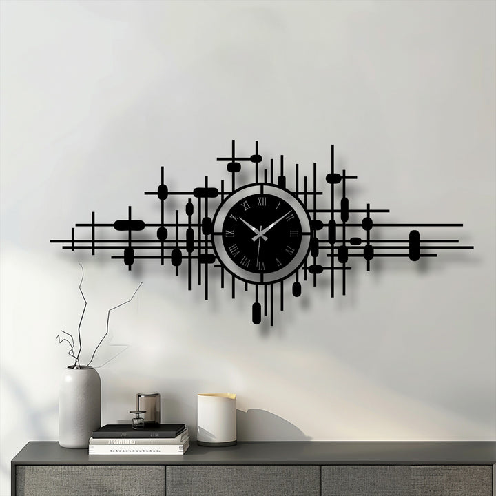 Subtle shadows play across the modern abstract grid metal wall clock, enhancing its geometric design and creating a captivating metal art for wall display.