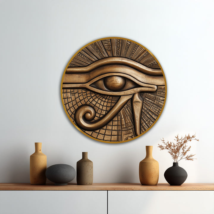 Golden-bronze hues accentuate the carved textures of this ancient vision, Egyptian Eye round oil painting on wood, a striking addition to oil painting art prints.