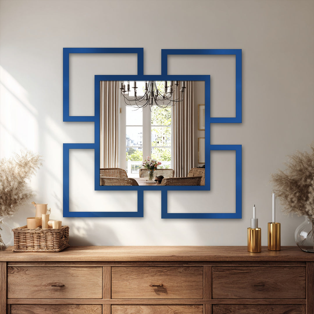 Reflecting sunlight from the window, this decorative mirror features a unique quadra flow design with bold blue frames, adding a contemporary touch.