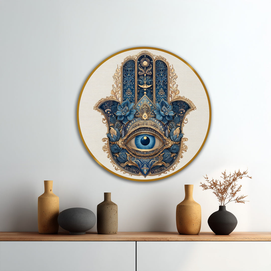 Mystical oil painting decoration emanates serenity with its ornate Hamsa design, featuring a calming, spiritual mood in shades of royal blue and gold.
