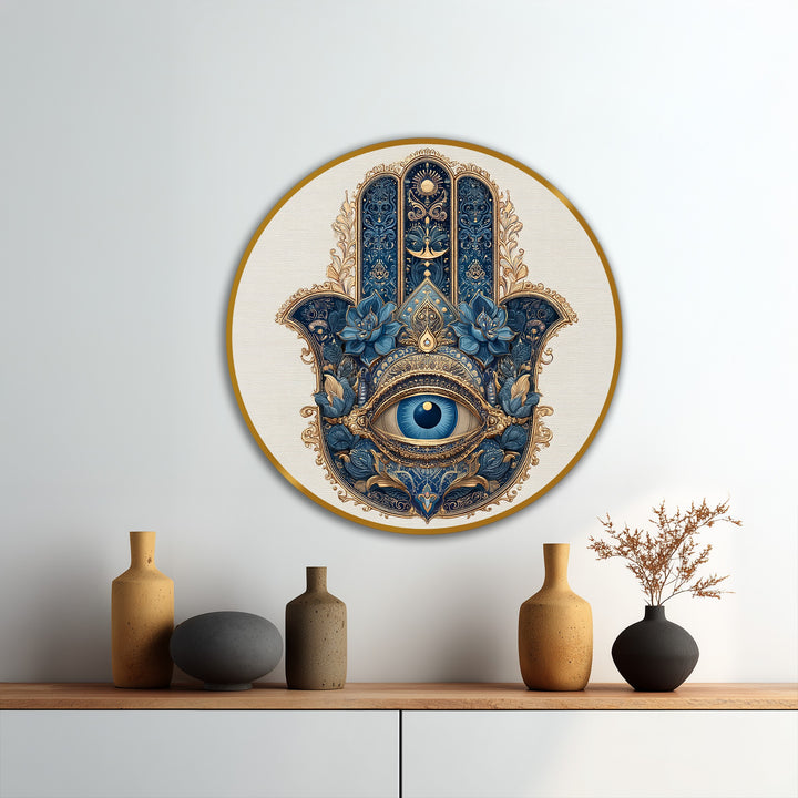 Mystical oil painting decoration emanates serenity with its ornate Hamsa design, featuring a calming, spiritual mood in shades of royal blue and gold.