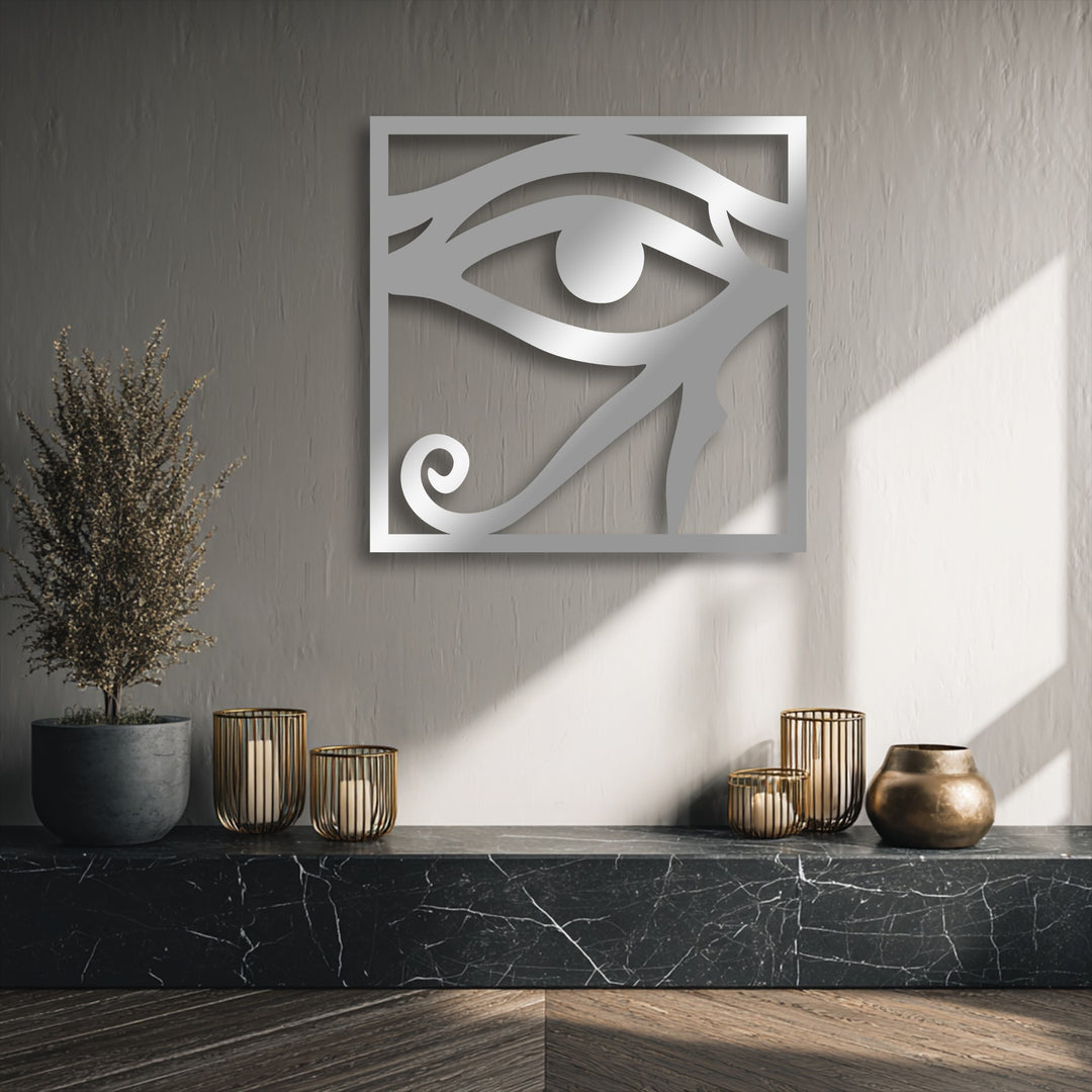 The tranquil setting highlights the Eye of Horus metal decoration wall art, an ancient Egyptian symbol decor.