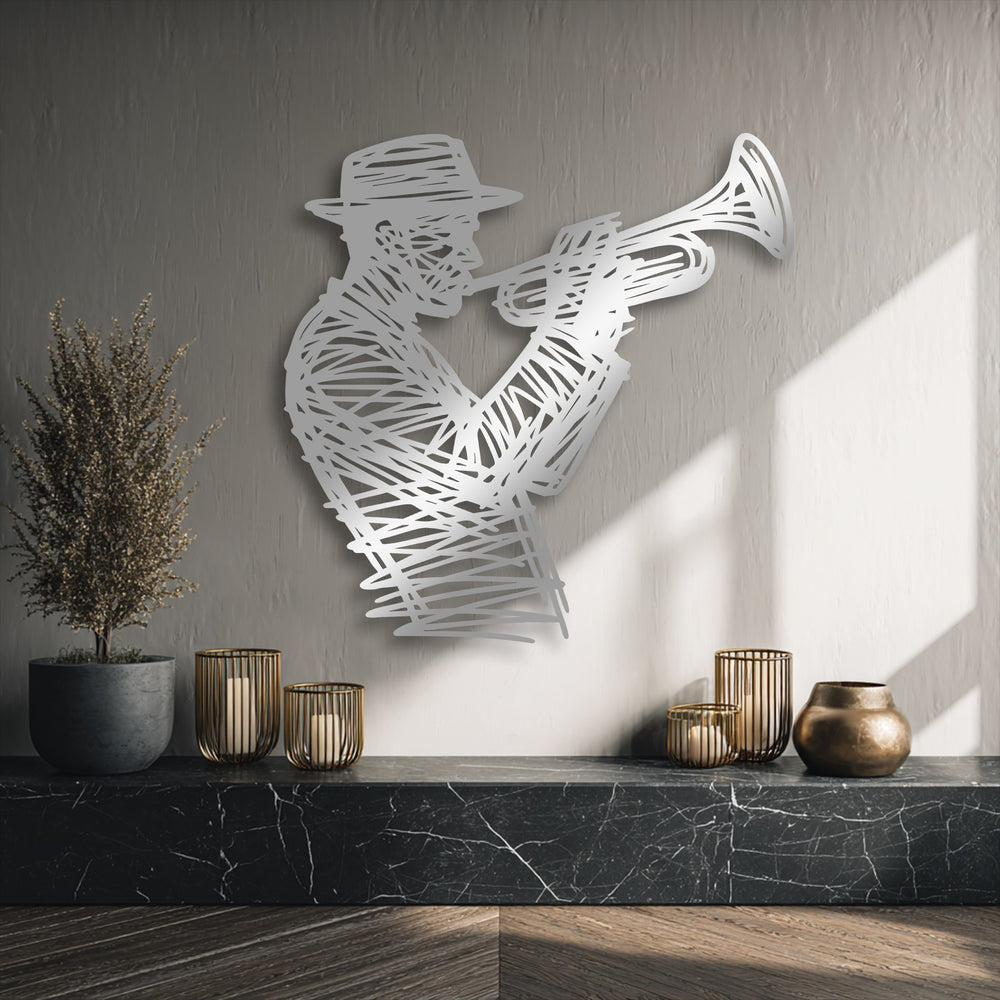 The captivating focal point is a silver-toned jazz trumpet player metal wall art, an elegant musician silhouette decoration wall art.