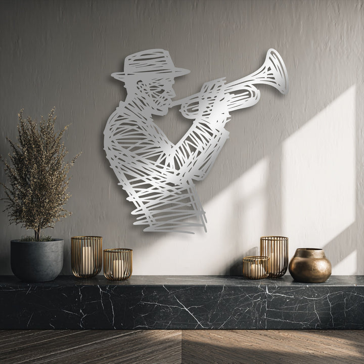 The captivating focal point is a silver-toned jazz trumpet player metal wall art, an elegant musician silhouette decoration wall art.